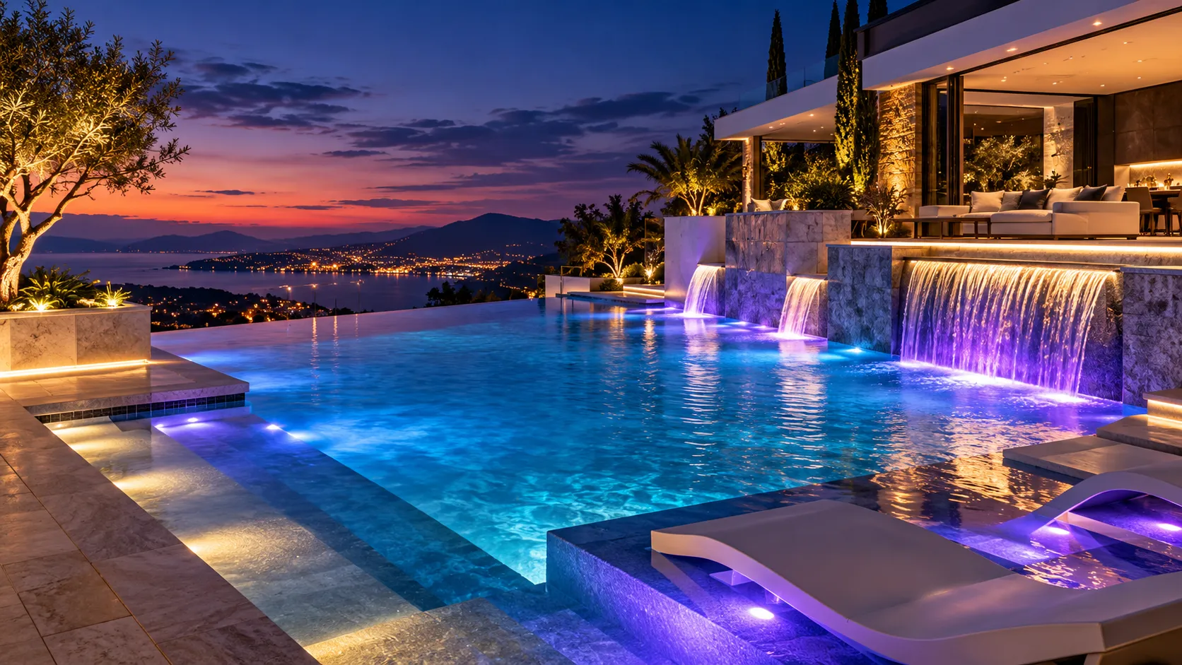 Piscina iluminada de noche con cascadas de colores y luces en escalones